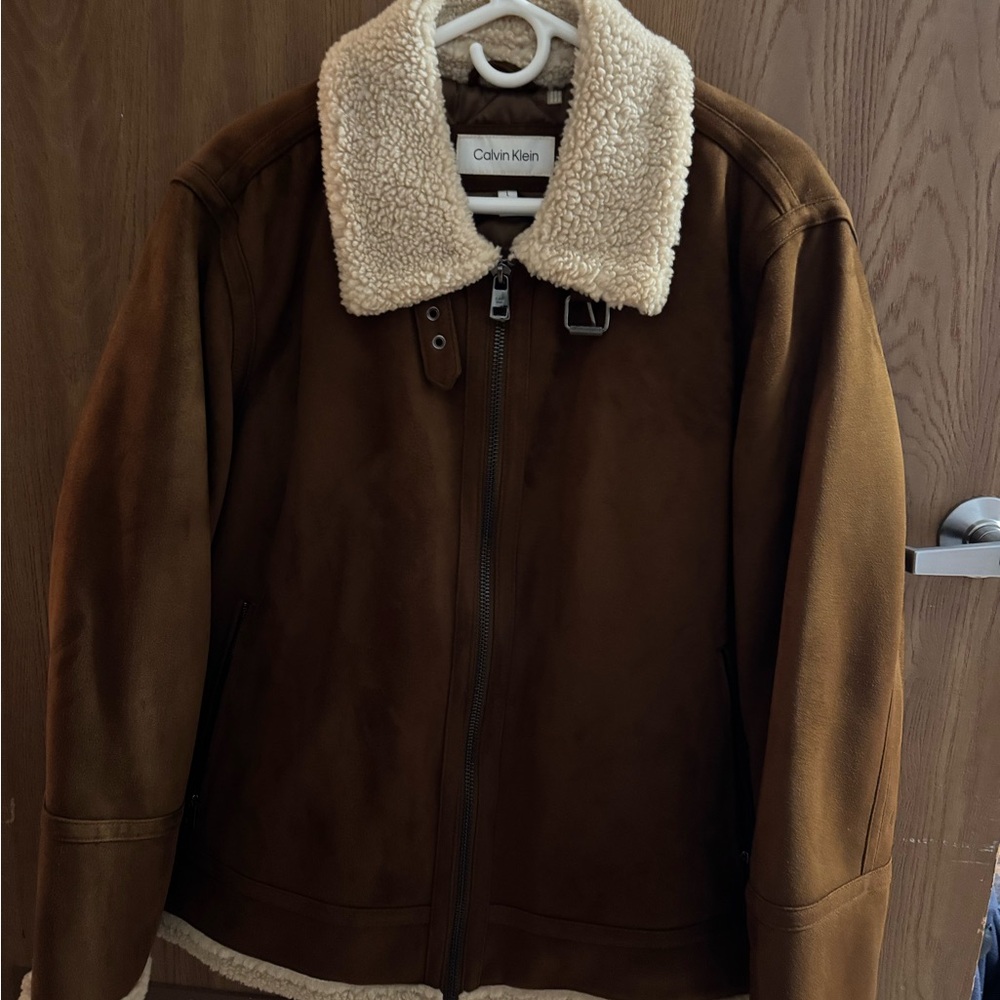 Calvin Klein Men's Brown Bomber Jacket with Cream Shearling Collar